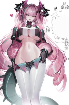 3girls absurdres arknights arknights:_endfield black_horns breasts crop_top detached_sleeves drill_hair groin hair_intakes heart highres horns large_breasts long_hair looking_at_viewer mudrock_(arknights) multiple_girls navel ness_(pjw0168) pants pink_hair pointy_ears simple_background solo_focus stomach suzuran_(arknights) tail underboob very_long_hair white_background white_pants yvonne_(arknights)
