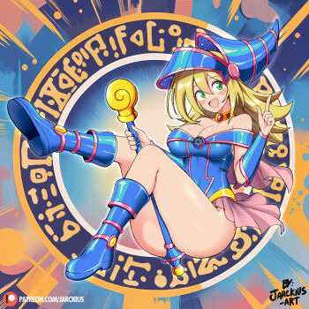 1girl bare_shoulders blonde_hair blue_boots blue_hat blush blush_stickers boots breasts choker cleavage dark_magician_girl duel_monster green_eyes hair_between_eyes hat hexagram holding holding_wand jarckius large_breasts long_hair looking_at_viewer midriff navel open_mouth pentacle pentagram phrygian_helmet showgirl_skirt signature smile solo staff wand wizard_hat yu-gi-oh!