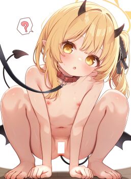 1girl ? all_fours animal_collar anus bar_censor barefoot black_horns black_tail black_wings blonde_hair blue_archive blush breasts censored collar commentary_request completely_nude demon_girl demon_horns demon_tail demon_wings flat_chest halo highres horns ibuki_(blue_archive) kohaku_rinne leash loli long_hair looking_at_viewer low_wings navel nipples nude open_mouth pet_play pointy_ears pussy red_collar ribbon side_ponytail small_breasts solo spoken_question_mark spread_legs squatting sweat tail toes variant_set wings yellow_eyes yellow_halo