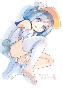 1girl ass between_legs blue_eyes blue_hair cosplay detached_sleeves feet hand_between_legs highres legs lying magical_girl moetan nijihara_ink no_shoes on_side one-piece_swimsuit pastel_ink pop_(electromagneticwave) school_swimsuit short_hair showgirl_skirt soles solo swimsuit thighhighs thighs toes two_side_up visor_cap white_one-piece_swimsuit white_sleeves white_thighhighs
