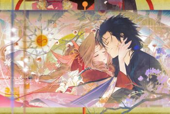 1boy 1girl absurdres aerith_gainsborough alternate_costume black_hair black_kimono braid braided_ponytail branch brown_hair closed_eyes closed_mouth commentary couple crisis_core:_final_fantasy_vii cross_scar dated facial_scar final_fantasy final_fantasy_vii flower hair_ornament hair_ribbon hand_on_another&#039;s_cheek hand_on_another&#039;s_face heads_together hetero highres hug japanese_clothes kimono long_hair low_ponytail parted_bangs pink_ribbon ponytail ppiinnee24 purple_flower red_kimono ribbon scar scar_on_cheek scar_on_face signature spiked_hair upper_body zack_fair