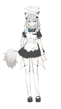 absurdres alternate_costume animal_ear_fluff animal_ears apron black_dress blue_archive blue_eyes closed_mouth commentary commentary_request cross cross_hair_ornament dress grey_hair hair_ornament hand_on_own_hip highres inverted_cross maid maid_apron maid_headdress medium_hair modare reference_sheet shiroko_(blue_archive) simple_background thighhighs unfinished white_apron white_background white_thighhighs wolf_ears wolf_girl