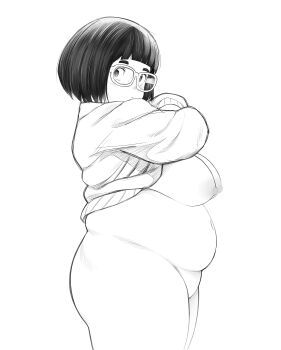 1girl absurdres belly blunt_bangs breasts clothes_lift commentary english_commentary fat glasses greyscale hayatori_25 highres large_breasts medium_hair monochrome original shirt_lift simple_background sweater thick_eyebrows thick_thighs thighs white_background