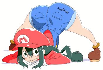 1girl artist_name ass asui_tsuyu black_eyes blue_overalls blush_stickers boku_no_hero_academia closed_mouth commission cosplay female_focus gloves green_hair hat highres huge_ass jack-o&#039;_challenge long_hair looking_at_viewer low-tied_long_hair mario_(cosplay) mario_(series) newsboy_cap nintendo overalls red_hat smile solo white_background white_gloves
