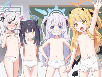 4girls :d arm_up armpits black_hair blonde_hair bloomers blue_archive blue_eyes blue_halo cherino_(blue_archive) commentary_request fake_facial_hair fake_mustache grey_hair halo ibuki_(blue_archive) indoors kokona_(blue_archive) loli long_hair looking_at_viewer multicolored_hair multiple_girls open_mouth orange_halo panties shun_(blue_archive) shun_(small)_(blue_archive) smile standing streaked_hair topless_female two_side_up underwear white_bloomers white_panties yellow_eyes yuuma_(skirthike)