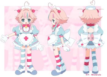 1girl 2000s_(style) absurdres animal_collar anime_coloring apron aqua_streaks asymmetrical_legwear back_bow back_cutout bib_collar bk_(barakoodra) blue_eyes blue_thighhighs border bow buttons clothing_cutout collar commentary cross_hair_ornament dress english_commentary flat_chest flipped_hair gloves hair_ornament hat heart_apron highres indie_virtual_youtuber kneehighs large_bow mary_janes mismatched_legwear multicolored_hair multicolored_thighhighs multiple_views nurse nurse_cap outside_border pastel_colors petite pink_background pink_collar pink_hair pink_streaks pink_thighhighs pink_trim puffy_short_sleeves puffy_sleeves reference_sheet second-party_source shoes short_dress short_sleeves single_kneehigh single_sock single_thighhigh socks streaked_hair striped_clothes striped_socks striped_thighhighs tareme thighhighs turnaround two-tone_socks two-tone_thighhighs two_side_up waist_apron white_border white_collar white_gloves white_socks white_thighhighs yami_kawaii yume_kuzukawa zoom_layer