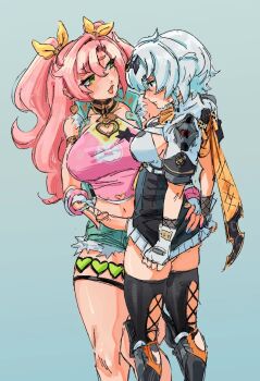 2girls anby_demara anby_demara_(silver_soldier) assertive_female blush breasts crop_top deertripetri denim denim_shorts erection fingerless_gloves futa_with_female futanari gloves green_eyes grey_hair hair_ribbon highres large_breasts long_hair looking_at_another medium_breasts mole multiple_girls nicole_demara nicole_demara_(cunning_cutie) official_alternate_costume penis penis_out pink_hair pulling_own_clothes ribbon short_hair shorts smug teasing thick_thighs thighhighs thighs zenless_zone_zero