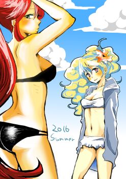 Rule 34 | 2016, 2girls, absurdres, alternate costume, arms up, ass, bikini, black bikini, blue sky, breasts, cloud, commentary request, cowboy shot, day, flower, green eyes, hair flower, hair ornament, hands in own hair, highres, jacket, jacket over swimsuit, kokura (mk60112), long hair, looking at viewer, medium breasts, multiple girls, navel, nia teppelin, open clothes, open jacket, outdoors, red hair, sideboob, sidelocks, sky, smile, summer, swept hilt, swimsuit, swimsuit skirt, tengen toppa gurren lagann, very long hair, yoko littner