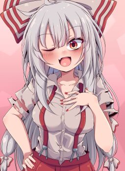1girl blush bow breasts collarbone collared_shirt commentary_request covered_erect_nipples cowboy_shot fujiwara_no_mokou grey_hair grey_shirt hair_bow hand_on_own_hip highres large_breasts long_hair looking_at_viewer multiple_hair_bows open_mouth pants red_background red_eyes red_nails red_pants shirt siw0n smile solo suspenders textless_version torn_clothes torn_sleeves touhou very_long_hair