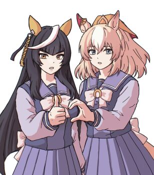 Rule 34 | ahoge, animal ears, black hair, blonde hair, blue eyes, blunt bangs, breasts, calstone light o (umamusume), commentary request, durandal (umamusume), ear covers, ear ornament, hair between eyes, highres, hime cut, horse ears, horse girl, horse tail, korean commentary, long hair, looking at viewer, multicolored hair, multiple girls, purple shirt, sangbummusume, school uniform, shirt, simple background, single ear cover, streaked hair, striped hair, tail, tracen school uniform, two-tone hair, umamusume, white background, white hair, yellow eyes