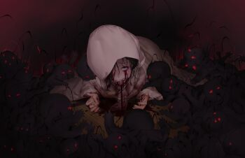 1girl 6+others baby black_hair bleeding blood blood_from_mouth bloody_tears bride clenched_teeth darkness game_cg highres horror_(theme) japanese_clothes kaguyuzu kimono multiple_others nie_no_hakoniwa non-web_source red_eyes shiki_kyoko tatami teeth uchikake