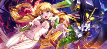 1girl blonde_hair blue_eyes blunt_bangs code_geass code_geass:_lost_stories explosion gloves hair_ribbon headset highres knightmare_frame long_hair mecha mecha_pilot_suit monica_kruszewski non-web_source open_mouth ribbon robot twintails