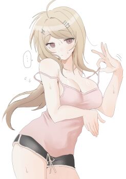 ... 1girl ahoge akamatsu_kaede arm_under_breasts bare_shoulders black_shorts blonde_hair blush breasts brown_eyes cleavage cowboy_shot danganronpa_(series) danganronpa_v3:_killing_harmony fortissimo hair_ornament hand_up highres ikemen'na_ore-shi large_breasts long_hair musical_note musical_note_hair_ornament pink_shirt shiny_skin shirt shorts simple_background solo sweat white_background