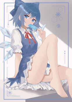 1girl absurdres barefoot blue_bow blue_dress blue_eyes blue_hair bow cirno collared_shirt commentary detached_wings dress eating food hair_bow highres holding holding_food holding_popsicle ice ice_wings looking_at_viewer neck_ribbon pinafore_dress popsicle red_ribbon ribbon shirt sitting sleeveless sleeveless_dress solo thighs tinatama toes touhou white_shirt wings