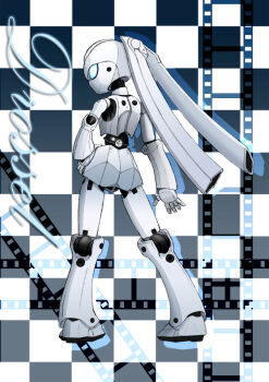 1girl ass back blue_eyes colored_skin disney drossel_von_flugel fireball_(series) hand_on_own_hip highres humanoid_robot joints looking_at_viewer looking_back mechanical_hair no_mouth no_nose robot robot_girl robot_joints science_fiction twintails white_skin zgmf10a11