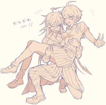 Rule 34 | 2girls, absurdres, ahoge, blush, breasts, carrying, collared shirt, commentary request, danganronpa (series), danganronpa another episode: ultra despair girls, eyelashes, fukawa toko, genocider shou, glasses, hair between eyes, highres, kneehighs, lightning ahoge, long hair, long skirt, long sleeves, long tongue, messy hair, monochrome, multiple girls, naegi komaru, notice lines, one eye closed, open mouth, princess carry, round eyewear, school uniform, serafuku, shirt, shoes, short hair, short sleeves, simple background, skirt, smile, socks, squatting, teeth, tongue, tongue out, translation request, upper teeth only, uru..., v, white background