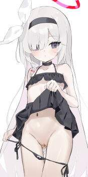 1girl absurdres alternate_costume bikini bikini_bottom_pull black_bikini black_choker black_hairband black_headband black_skirt blue_archive bow_hairband braid breasts choker cleft_of_venus closed_mouth clothes_lift collarbone commentary_request cowboy_shot dot_nose expressionless flat_chest frilled_bikini frills gluteal_fold grey_eyes hair_over_one_eye hair_ribbon hairband halo headband highres lifting_own_clothes loli long_hair looking_to_the_side navel one_eye_covered plana_(blue_archive) pleated_skirt pussy pussy_juice red_halo ribbon side-tie_bikini_bottom side_braid simple_background single_braid skirt skirt_lift small_breasts solo standing string_bikini swimsuit user_gkwj5825 very_long_hair white_background white_hair
