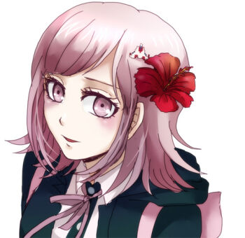 1girl :d black_jacket blush collared_shirt danganronpa_(series) danganronpa_2:_goodbye_despair flower hair_flower hair_ornament hood hood_down hooded_jacket jacket looking_at_viewer lowres medium_hair nanami_chiaki neck_ribbon open_mouth pink_eyes pink_hair pink_ribbon red_flower ribbon saya_(piacere_sy) shirt simple_background smile solo white_background white_shirt