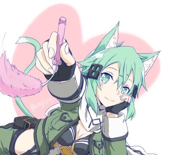 Rule 34 | 1girl, animal ear fluff, animal ears, aqua eyes, aqua hair, armored leotard, artist name, asagi501, belt, belt pouch, black belt, black gloves, black leotard, black trim, breasts, breasts apart, cat ears, cat girl, cat tail, cat teaser, closed mouth, commentary request, cropped jacket, double-parted bangs, fingerless gloves, gloves, green jacket, hair between eyes, hair ornament, hairclip, head on hand, heart, heart background, highres, holding, holding cat teaser, jacket, kemonomimi mode, leotard, looking at viewer, lying, medium breasts, medium hair, messy hair, midriff, multicolored jacket, multicolored leotard, on stomach, open clothes, open jacket, pink background, playing with animal, pouch, scarf, sinon, smile, solo, split mouth, sword art online, tail, tassets, twitter username, two-tone jacket, two-tone leotard, variant set, watermark, white background, white jacket, white leotard, white scarf