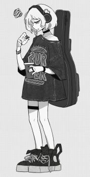 1girl bag bracelet choker commentary english_commentary full_body greyscale highres jewelry mii_rza monochrome original shoes short_hair solo spoken_squiggle squiggle standing watch wristwatch