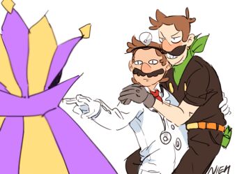3boys angry artist_name brothers brown_hair carrying clenched_teeth clown clown_boy dimentio dr._mario dr._mario_(game) facial_hair gloves hat head_mirror jester jester_boy jester_cap lab_coat luigi male_focus mario mario_(series) meme mr._l multiple_boys mustache nintendo nowitsevenhotter paper_mario siblings stethoscope super_paper_mario teeth white_background white_gloves