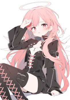1girl absurdres arknights arm_up black_boots black_jacket black_shirt black_shorts blush boots commentary feet_out_of_frame halo highres jacket lace-up_boots lemuen_(arknights) long_hair long_sleeves looking_at_viewer open_clothes open_jacket open_mouth pink_eyes pink_hair pink_halo shirt short_shorts shorts simple_background sitting sleeve_zipper solo thigh_boots urotsuki_(ku9625) white_background