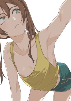 1girl all_fours aqua_shorts armpits breasts bright_pupils closed_mouth collarbone frown hige_bear highres one_breast_out original purple_eyes reaching short_shorts shorts simple_background small_breasts solo tank_top twintails wardrobe_malfunction webp-to-png_conversion white_background yellow_tank_top