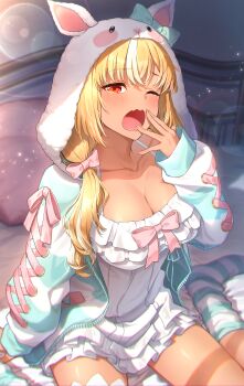 Rule 34 | 1girl, ;o, absurdres, animal hood, aqua jacket, aqua socks, blonde hair, blurry, bow, breasts, cleavage, collarbone, commentary request, cross-laced clothes, cross-laced sleeves, dark-skinned female, dark elf, dark skin, depth of field, dero (eka56921), elf, frilled nightgown, fur jacket, hair bow, highres, hololive, hood, jacket, large breasts, long hair, looking at viewer, multicolored hair, nightgown, official alternate costume, one eye closed, open mouth, pink bow, pointy ears, rabbit hood, red eyes, shiranui flare, shiranui flare (loungewear), sitting, sleepy, socks, solo, streaked hair, striped clothes, striped jacket, striped socks, tears, virtual youtuber, wariza, white hair, white nightgown, yawning