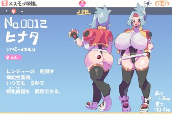 1girl :d absurdres akan_mori alternate_breast_size_(larger) ass ass_tattoo black_thighhighs blue_background blue_hair breasts character_profile curvy eyelashes female_focus full_body highleg highleg_leotard highres huge_breasts impossible_clothes impossible_leotard jacket japanese_text leotard looking_at_viewer nintendo open_mouth pigeon-toed poke_ball_symbol pokemon pokemon_ranger_(series) red_jacket reference_sheet see-through_clothes see-through_shirt shiny_skin shirt shoes short_hair skin_tight smile solana_(pokemon) solo standing tattoo thick_thighs thighhighs thighs thong_leotard translated user_interface venus_symbol white_leotard white_shoes wide_hips