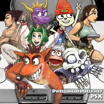 2girls 5boys armor audible_music blue_eyes blush braid brown_hair crash_bandicoot crash_bandicoot_(series) crossover fingerless_gloves game_console gloves green_eyes green_hair grin gun lara_croft lipstick makeup medievil microphone mishima_kazuya monkey multiple_boys multiple_girls namco open_mouth parappa parappa_the_rapper pipo_monkey pointy_ears saru_getchu short_hair sir_daniel_fortesque skeleton smile sony sound spyro_(series) spyro_the_dragon tekken tomb_raider toushinden traditional_media v weapon