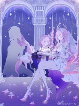 2girls absurdres amphoreus_(honkai:_star_rail) as_i've_written_(honkai:_star_rail) blue_eyes book breasts bridal_veil coat commentary_request cyrene_(demiurge)_(honkai:_star_rail) cyrene_(honkai:_star_rail) cyrene_(philia093)_(honkai:_star_rail) diamond-shaped_pupils diamond_(shape) dress dual_persona earrings halo high_heels highres holding holding_book honkai:_star_rail honkai_(series) jewelry long_hair medium_breasts mem_(honkai:_star_rail) mobius_strip multicolored_hair multiple_girls on_swing open_book pink_hair pointy_ears purple_coat purple_eyes short_hair small_breasts swing symbol-shaped_pupils thighs tooooo_hu twitter_username two-tone_hair veil very_long_hair white_dress white_hair