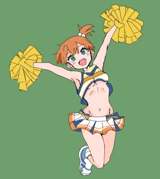 1girl :d alternate_costume armpits arms_up blue_eyes breasts cheerleader eyelashes full_body green_background green_eyes hair_bobbles hair_ornament holding holding_pom_poms jumping looking_at_viewer midriff misty_(pokemon) navel nintendo open_mouth orange_hair pleated_skirt pokemon pokemon_(anime) pokemon_(classic_anime) pokemon_rgby pom_pom_(cheerleading) pom_poms ponytail shoes short_hair side_ponytail simple_background skirt sleeveless smile sneakers solo tonperi555 underboob