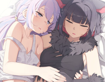 Rule 34 | 2girls, animal ears, bikini, black bikini, black gloves, black hair, blue archive, blue eyes, blue hair, blush, breasts, cat ears, cat girl, closed eyes, colored inner animal ears, colored inner hair, commentary, commission, csham, elbow gloves, extra ears, flat chest, fur-trimmed bikini, fur trim, gloves, hand on another's head, highres, hug, kazusa (blue archive), kazusa (halloween) (blue archive), looking at another, medium breasts, multicolored hair, multiple girls, open mouth, pixiv commission, purple hair, red hair, reisa (blue archive), short hair, sleeping, swimsuit, tank top, two-tone hair, white tank top, yuri
