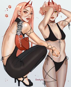 1girl aegyo_sal alternate_costume alternate_hairstyle armpits arms_behind_head artist_name back_cutout backless_outfit bag bag_charm bikini black_bikini black_panties black_shoes black_skirt bodysuit breasts chainsaw_man character_charm charm_(object) cleavage clothing_cutout cord_choker demon_girl demon_horns double-parted_bangs double_bun elbows_on_knees eyelashes fashion feet_out_of_frame from_side front-tie_bikini_top front-tie_top full_body gradient_background grey_background hair_behind_ear hair_between_eyes hair_bun handbag high_collar highres horns jewelry long_hair looking_at_viewer looking_to_the_side mole mole_on_arm mole_on_back mole_on_cheek mole_on_ear mole_on_hip mole_on_leg mole_on_neck mole_on_stomach mole_under_eye multiple_views orange_bag panties parted_lips paw_print paw_print_background pink_hair pochita_(chainsaw_man) power_(chainsaw_man) red_horns ring shoes shoulder_bag side-tie_panties skirt sleeveless sleeveless_bodysuit small_breasts squatting strappy_heels swimsuit thick_eyebrows thick_lips underwear yellow_eyes zeebythesea