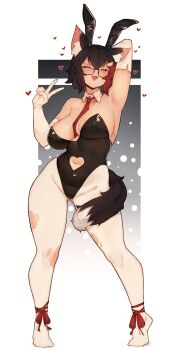 1girl ;d absurdres animal_ear_hairband animal_ears arm_behind_head arm_up armpits black_hair breasts cleavage clothing_cutout commentary contrapposto detached_collar elbow_gloves fake_animal_ears full_body glasses gloves gluteal_fold hairband hand_up heart_cutout highleg highleg_leotard highres hololive large_breasts leotard looking_at_viewer multicolored_hair navel_cutout no_shoes one_eye_closed ookami_mio open_mouth pantyhose playboy_bunny rabbit_ear_hairband rabbit_ears rectangular_eyewear red_hair semi-rimless_eyewear short_hair smile solo strapless strapless_leotard streaked_hair symbol-only_commentary tail tail_around_own_leg torn_clothes torn_pantyhose v varniskarnis virtual_youtuber white_gloves white_pantyhose wolf_ears wolf_girl wolf_tail yellow_eyes