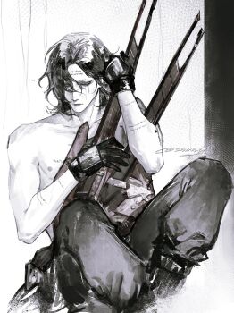 1boy absurdres baggy_pants black_gloves crying crying_with_eyes_open curtained_hair death_stranding eyeshadow facial_mark feet_out_of_frame forehead_mark gloves guitar half-closed_eyes higgs_(death_stranding) highres holding holding_guitar holding_instrument hugging_object instrument knees_up long_hair looking_at_viewer makeup male_focus nipples no_shirt pants solo ssanagi00 tears toned toned_male