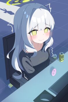 1boy 1girl @_@ absurdres black_shirt blue_archive blush breasts can caught_masturbating chair doodle_sensei_(blue_archive) embarrassed energy_drink female_masturbation green_eyes halo hare_(blue_archive) herananu117 highres indoors long_hair masturbation office_chair open_door sensei_(blue_archive) sex_toy shadow shirt sitting small_breasts swivel_chair tears vibrator vibrator_under_clothes wavy_mouth white_hair
