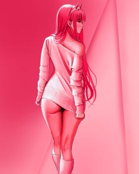 1girl alternate_costume ass closed_mouth clothes_tug commentary darling_in_the_franxx english_commentary feet_out_of_frame from_behind highres horns josival kneehighs kneepits lips long_hair long_sleeves looking_back off_shoulder pink_background pink_hair pink_socks profile red_horns single_bare_shoulder socks solo standing sweater sweater_tug thighs white_sweater zero_two_(darling_in_the_franxx)