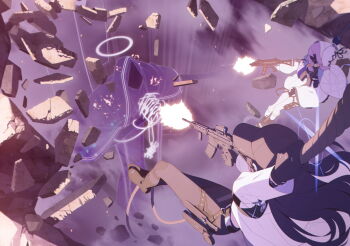 2girls artist_request assault_rifle atsuko_(blue_archive) baseball_cap black_boots black_hair black_hat black_pants black_shoes blue_archive blue_halo boots bulletproof_vest firing game_cg gun halo hat hieronymus_(blue_archive) highres holding holding_gun holding_rope holding_weapon hood hood_up jacket kneehighs mask multiple_girls non-web_source official_art open_clothes open_jacket pants purple_hair purple_halo rifle rope saori_(blue_archive) shoes socks submachine_gun weapon white_jacket white_socks