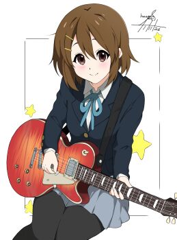 1girl absurdres black_pantyhose blazer blue_jacket blue_ribbon brown_eyes brown_hair closed_mouth collared_shirt commentary_request electric_guitar gibson_les_paul grey_skirt guitar harutoyumaarts highres hirasawa_yui instrument jacket k-on! neck_ribbon pantyhose pleated_skirt ribbon sakuragaoka_high_school_uniform school_uniform shirt short_hair sitting skirt smile white_shirt winter_uniform