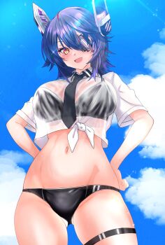 1girl absurdres bikini bikini_under_clothes bikini_visible_through_clothes black_bikini black_necktie blue_sky cloud collared_shirt commentary_request dress_shirt eyepatch hair_between_eyes hands_on_own_hips headgear highres kantai_collection necktie nitamako_(sakamalh) purple_hair see-through_clothes see-through_shirt shirt short_hair sky smile solo swimsuit tenryuu_(kancolle) tenryuu_kai_ni_(kancolle) thigh_strap tied_shirt wet wet_clothes white_shirt yellow_eyes