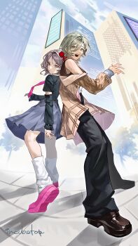 Rule 34 | 2girls, absurdres, back-to-back, black pants, black shirt, bow, brown coat, brown hair, brown tank top, building, chinese commentary, closed mouth, coat, commentary request, detached sleeves, ebizuka tomo, girls band cry, grey hair, grey skirt, hair between eyes, hair bow, highres, leg warmers, long hair between eyes, long sleeves, mole, mole under eye, multiple girls, necktie, off shoulder, open clothes, open coat, open mouth, pants, pink eyes, pink necktie, pink shoes, red bow, rupa (girls band cry), shirt, shoes, short hair, skirt, tank top, teeth, upper teeth only, white leg warmers, wu fuzuoyong