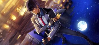1boy black_gloves black_hair black_jacket black_pants code_geass code_geass:_lost_stories code_geass:_pule_almaria f4samurai full_moon game_cg gloves hakuba_soga highres jacket looking_at_viewer male_focus moon necktie night night_sky official_art open_clothes pants red_eyes red_necktie short_hair sky solo