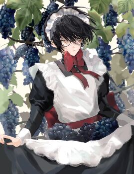 1boy apron aqua_eyes black_hair black_shirt bow bowtie commentary_request crossdressing crossdressing_(mtf) food fruit glasses grapes hair_between_eyes highres juliet_sleeves long_sleeves looking_at_viewer maid maid_apron male_focus male_maid original parted_lips plant puffy_sleeves red_bow red_bowtie round_eyewear sahi00000 shirt short_hair skirt_hold solo swept_bangs upper_body white_apron