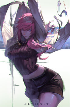 1girl arms_behind_head arms_up blue_eyes dissidia_duellum_final_fantasy dissidia_final_fantasy final_fantasy final_fantasy_xiii glaring highres jacket jewelry lightning_farron looking_at_viewer midriff necklace official_alternate_costume pink_hair ring short_shorts shorts solo thighs turtleneck white_jacket xleontan