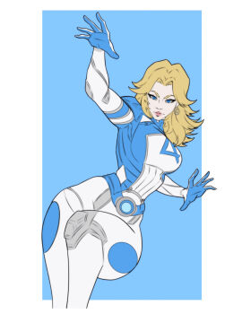 1girl 2025 arm_up arms_up belt blonde_hair blue_bodysuit blue_eyes bodysuit border breasts closed_mouth commentary english_commentary fantastic_four feet_out_of_frame female_focus highres legs_together logo marvel marvel_rivals mature_female medium_breasts multicolored_bodysuit outside_border pink_lips simple_background solo spread_fingers sue_storm thick_thighs thighs tonyneva two-tone_bodysuit wavy_hair white_bodysuit