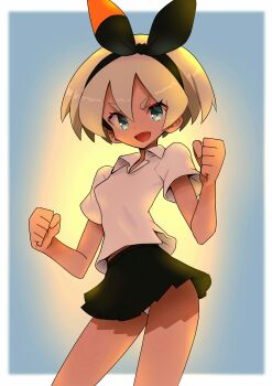 1girl absurdres aqua_eyes bea_(pokemon) black_hairband black_skirt blonde_hair border bow_hairband clenched_hands collared_shirt commentary_request cowboy_shot eyelashes hairband highres looking_at_viewer nintendo panties pleated_skirt pokemon pokemon_sword_and_shield shirt short_hair short_sleeves skirt solo underwear white_border white_panties white_shirt yaguchi_sumiharu