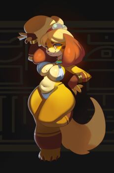 Rule 34 | 1girl, absurdres, ancient egyptian, ancient egyptian clothes, animal crossing, animal feet, ankha (animal crossing), ankha (animal crossing) (cosplay), arm up, blonde hair, bracelet, breasts, brown nails, cleavage, cosplay, covered erect nipples, dog girl, dog tail, full body, hieroglyphics, highres, isabelle (animal crossing), jewelry, large breasts, leg up, looking at viewer, mole, mole on breast, navel, nintendo, parted lips, pear-shaped figure, roxy thefoxy, simple background, smile, solo, tail, thick thighs, thighs, wide hips