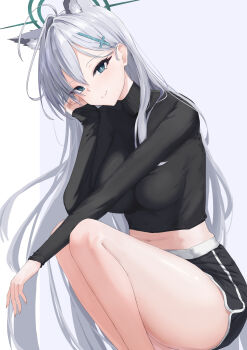 1girl absurdres ahoge alternate_costume animal_ears black_shirt black_shorts blue_archive blue_eyes blue_halo blush breasts bright_pupils casual closed_mouth commentary cross_hair_ornament dolphin_shorts extra_ears eyelashes feet_out_of_frame grey_hair hair_behind_ear hair_between_eyes hair_intakes hair_ornament hair_over_shoulder halo hand_on_own_cheek hand_on_own_face hand_up highres impossible_clothes impossible_shirt large_breasts lkovn956271 long_hair long_sleeves looking_at_viewer midriff mismatched_pupils navel shiroko_terror_(blue_archive) shirt shorts simple_background smile solo squatting thighs turtleneck turtleneck_shirt very_long_hair white_background white_pupils wolf_ears wolf_girl