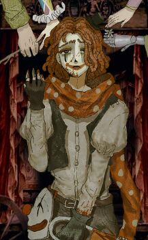 2girls 3boys belt black_gloves black_hat black_vest blood blood_on_clothes blood_on_face blood_on_hands brown_belt brown_pants clown clown_mask cowboy_shot daisy_(flower) fingerless_gloves flower frilled_sleeves frills frown fuquan9921 gloves grey_eyes grey_shirt hacksaw hat highres holding holding_hacksaw holding_stick identity_v juliet_sleeves long_sleeves looking_up makeup margaretha_zelle mask medium_hair mike_morton mini_hat multiple_boys multiple_girls murro_(identity_v) out_of_frame pants polka_dot polka_dot_scarf prosthesis prosthetic_arm puffy_sleeves red_hair red_scarf runny_makeup saw scarf shirt stick unworn_mask vest violetta_(identity_v) weeping_clown_(identity_v)